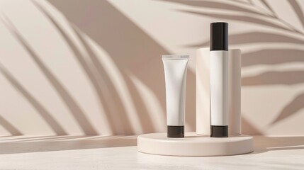Sleek cosmetic product display with two tubes on soft background with space for text