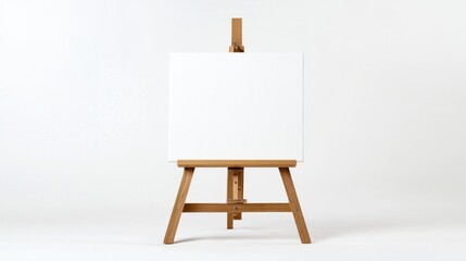 Wooden easel displays a blank white canvas