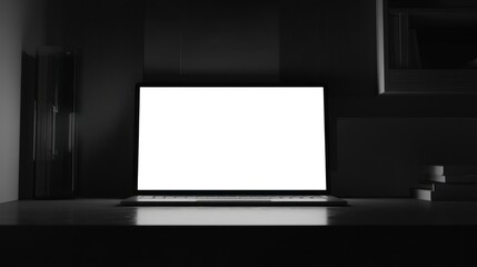 Laptop illuminated in a dark room with books