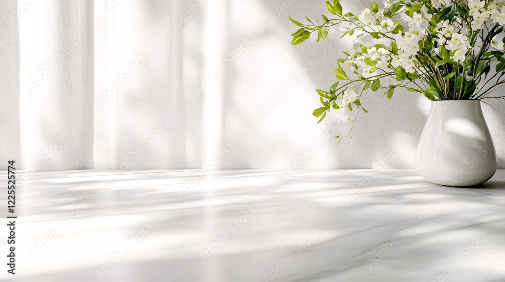 Poster white flowers in vase sitting on marble table by window with sheer white curtains casting shadows