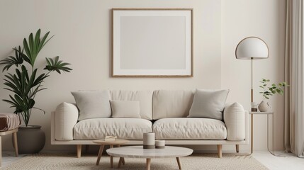 Fototapeta premium Stylish living room decor template with mock-up poster frame, sofa, coffee table, lamp, and personal items.