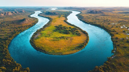 Aerial view of meandering river, landscape, sunset, travel photography