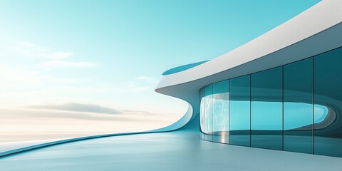 Fototapeta premium Futuristic Architecture: A sleek, modern building with flowing curves and expansive glass windows. The building is set against a backdrop of a clear blue sky with white clouds.