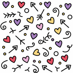 Colorful hearts, arrows, swirls pattern; digital illustration; white background; Valentine's Day design
