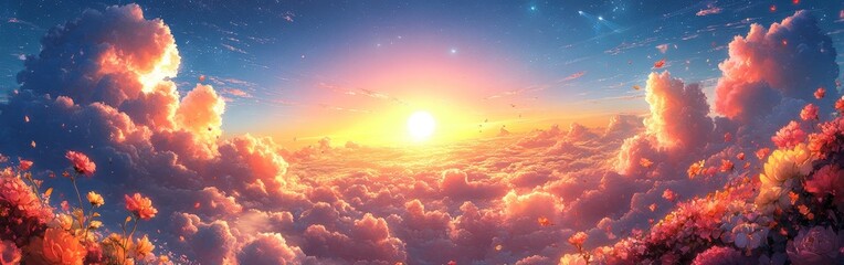 Fototapeta premium A breathtaking image of vibrant, colorful clouds illuminated by sunlight. Perfect for use in inspirational, artistic, or wellness-focused projects. Evokes peace, imagination, and serenity.