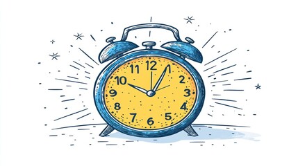 A vibrant blue alarm clock shows the time