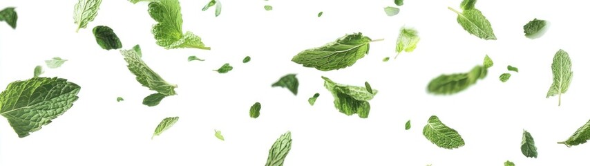 Obraz premium Fresh mint leaves falling on white background