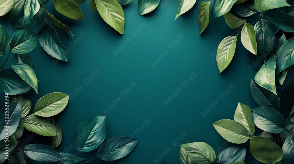 Poster Green leaves bordering teal background creating empty space