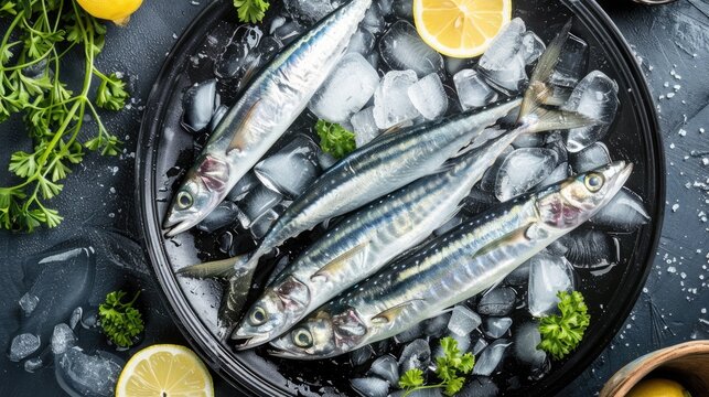 Top view of a pile of long-haired silver fish on a platter with ice.