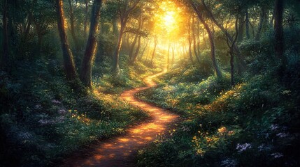 Obraz premium A winding path through a dense forest with sunlight breaking through the canopy, inviting adventure 