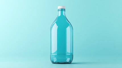 A single clear blue plastic water bottle stands on a blue background