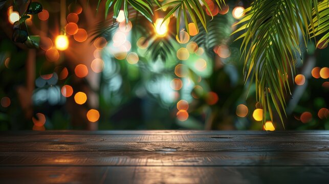 Tropical jungle bar with blurred palm leaves on dark table with bokeh lights - Mockup template for showcasing designs.
