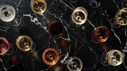 Fototapeta premium Variety of wine glasses on black marble backdrop. Overhead perspective. Empty room for text.