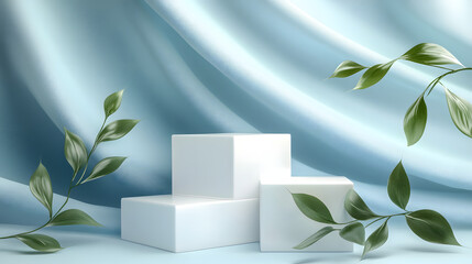 Square podiums are white. Abstract background. A stage for the demonstration of cosmetics. Podium for the award, consisting of three 3 square figures of different sizes on a blue background. Showcase