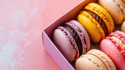 Vibrant Macaroons in Box with Copy Space