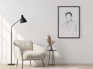 Minimal Scandinavian interior with a modern living room, elegant armchair, black lamp, and a framed line art portrait of a man on the white wall
