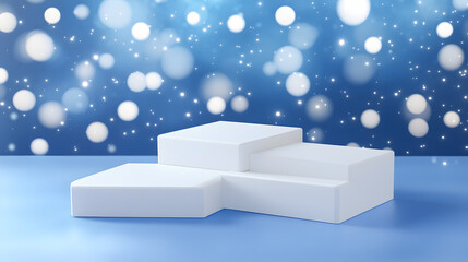 Square podiums are white. Abstract background. A stage for the demonstration of cosmetics. Podium for the award, consisting of three 3 square figures of different sizes on a blue background. Showcase