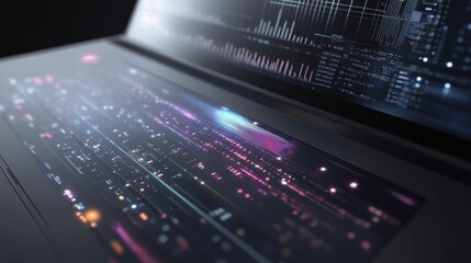 Obraz premium Futuristic laptop displaying data streams and graphs.