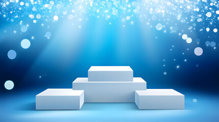 Square podiums are white. Abstract background. A stage for the demonstration of cosmetics. Podium for the award, consisting of three 3 square figures of different sizes on a blue background. Showcase