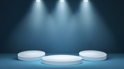 Square podiums are white. Abstract background. A stage for the demonstration of cosmetics. Podium for the award, consisting of three 3 square figures of different sizes on a blue background. Showcase