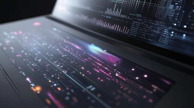 Futuristic laptop displaying data streams and graphs. - Powered by Adobe