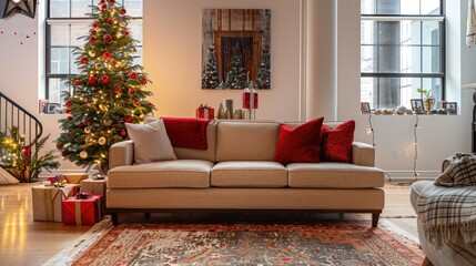 Obraz premium Warm Holiday Decor with Neutral Sofa, Red Accents, and Sparkly Christmas Tree