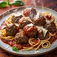 A plate of beef meatballs in marinara sauce with spaghetti, topped with Parmesan and fresh basil, set against a warm, cozy backdrop.