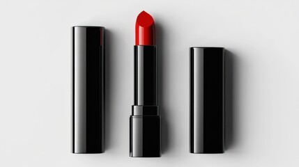 Obraz premium Red Lipstick with Black Cases on White Background