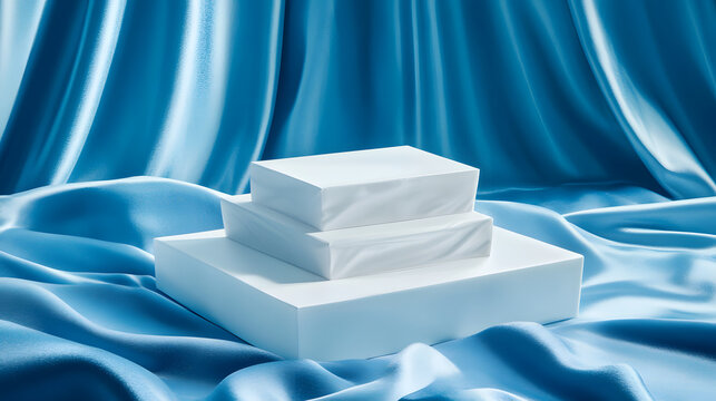 Square podiums are white. Abstract background. A stage for the demonstration of cosmetics. Podium for the award, consisting of three 3 square figures of different sizes on a blue background. Showcase