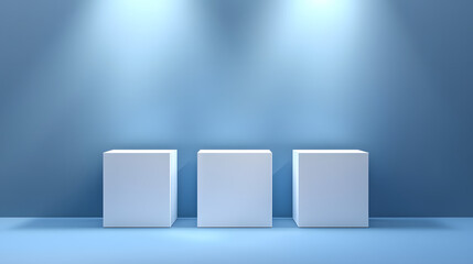 Fototapeta premium Square podiums are white. Abstract background. A stage for the demonstration of cosmetics. Podium for the award, consisting of three 3 square figures of different sizes on a blue background. Showcase