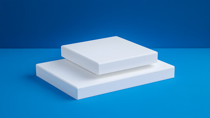 Square podiums are white. Abstract background. A stage for the demonstration of cosmetics. Podium for the award, consisting of three 3 square figures of different sizes on a blue background. Showcase