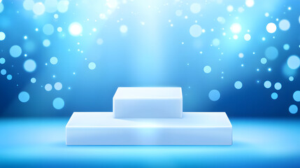 Square podiums are white. Abstract background. A stage for the demonstration of cosmetics. Podium for the award, consisting of three 3 square figures of different sizes on a blue background. Showcase