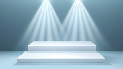 Obraz premium Square podiums are white. Abstract background. A stage for the demonstration of cosmetics. Podium for the award, consisting of three 3 square figures of different sizes on a blue background. Showcase