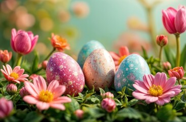 A Collection of Colorful Easter Eggs Beautifully Surrounded by Lovely Flowers Blooms