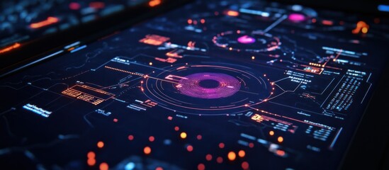 Futuristic digital interface with glowing circles and data streams.