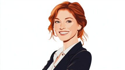 Professional businesswoman with red hair smiling confidently in a suit against a white background showcasing positivity and success.