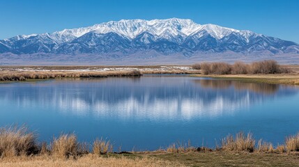 Naklejka premium Snow capped mountains reflected in a calm lake