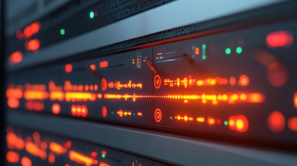 Close-up of a server rack with glowing orange and red lights indicating data processing.