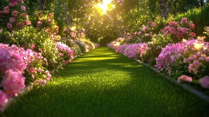 Sunlit rose garden path, summer flowers, peaceful scene, nature background, perfect for relaxation
