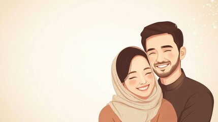 Obraz premium Happy Asian Muslim couple embracing and smiling together showcasing love and family connection with a warm, serene background