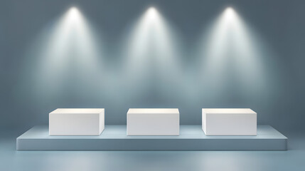 Square podiums are white. Abstract background. A stage for the demonstration of cosmetics. Podium for the award, consisting of three 3 square figures of different sizes on a blue background. Showcase
