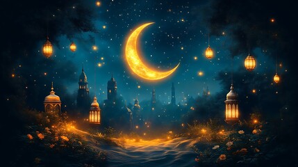 Naklejka premium Enchanting Night Scene with Crescent Moon and Lanterns