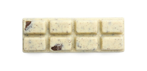 One tasty chocolate bar with crumbs of cookie isolated on white, top view