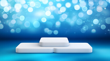 Square podiums are white. Abstract background. A stage for the demonstration of cosmetics. Podium for the award, consisting of three 3 square figures of different sizes on a blue background. Showcase