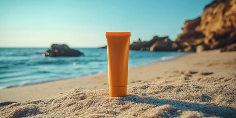 A minimalist sunscreen bottle on a sandy beach with a serene blue ocean in the background, promoting skincare and summer vacation vibes.