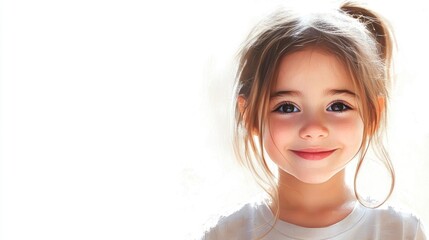 Smiling young girl with a ponytail wearing a t-shirt against a bright white background showcasing joy and innocence.