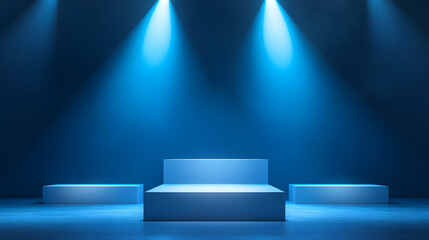 Square podiums are white. Abstract background. A stage for the demonstration of cosmetics. Podium for the award, consisting of three 3 square figures of different sizes on a blue background. Showcase