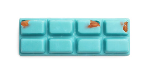 One bright chocolate bar with almonds isolated on white, top view