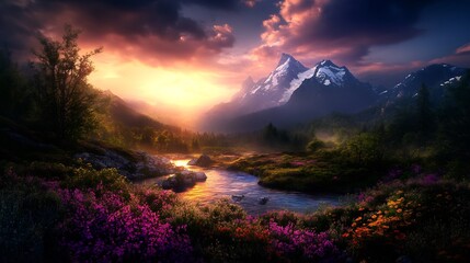 Naklejka premium Majestic Sunset over Mountain River and Blooming Meadows