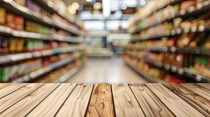 Fototapeta premium Wooden board on blurred supermarket background for product display.